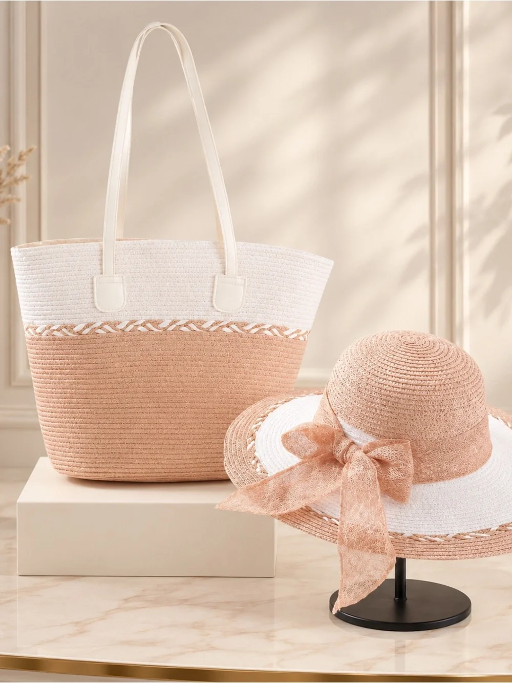 Woven Two-Tone Straw Tote Bag - Cream & Blush